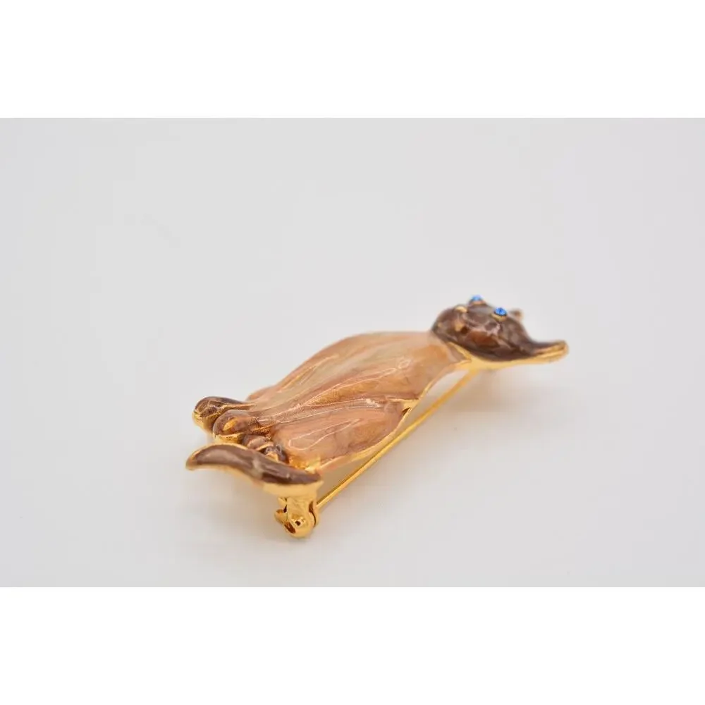 Vintage Siamese Cat Pin Brooch Brown Enamel Blue Eyes Gold Tone 1980s BinAT